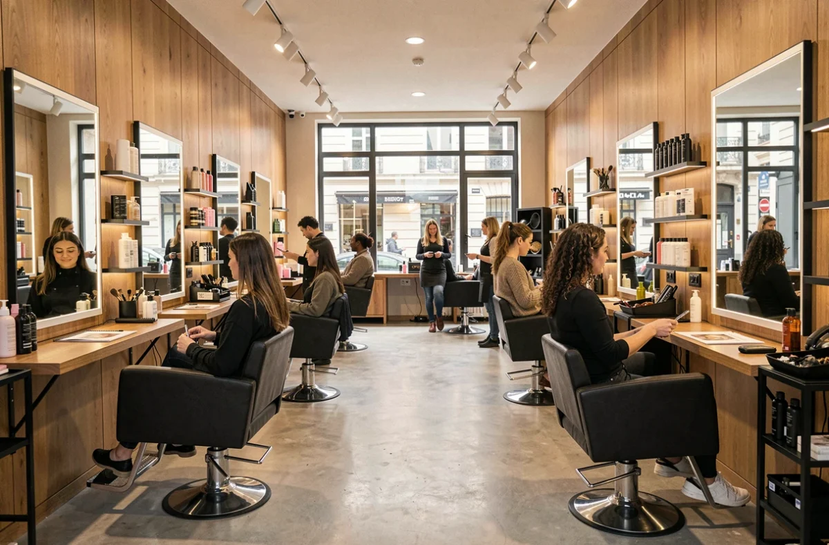 Vue intérieure d'un salon de coiffure haut de gamme en Gironde avec plusieurs coiffeurs et clients en pleine séance de coiffage
