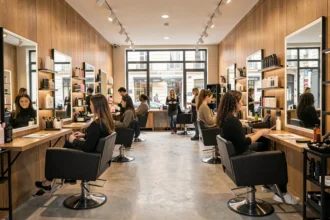 Vue intérieure d'un salon de coiffure haut de gamme en Gironde avec plusieurs coiffeurs et clients en pleine séance de coiffage
