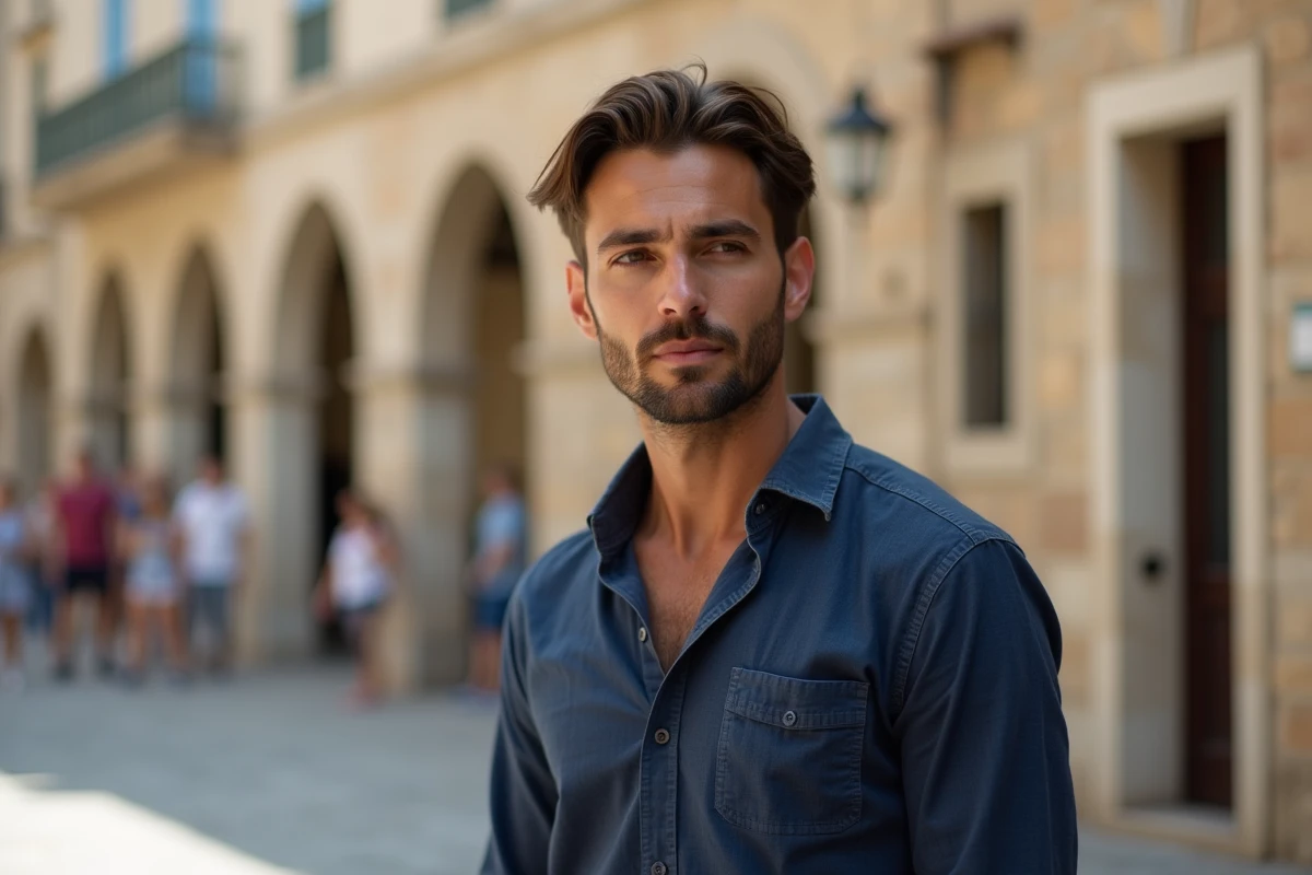 Homme de trois quarts montrant un nez droit de type grec en contexte urbain européen avec architecture en pierre