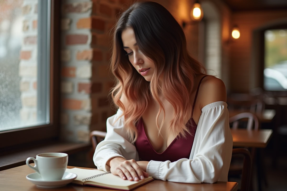 Femme avec ombré nomad brun-cuivré en automne dans un café cosy avec murs en briques et carnet ouvert