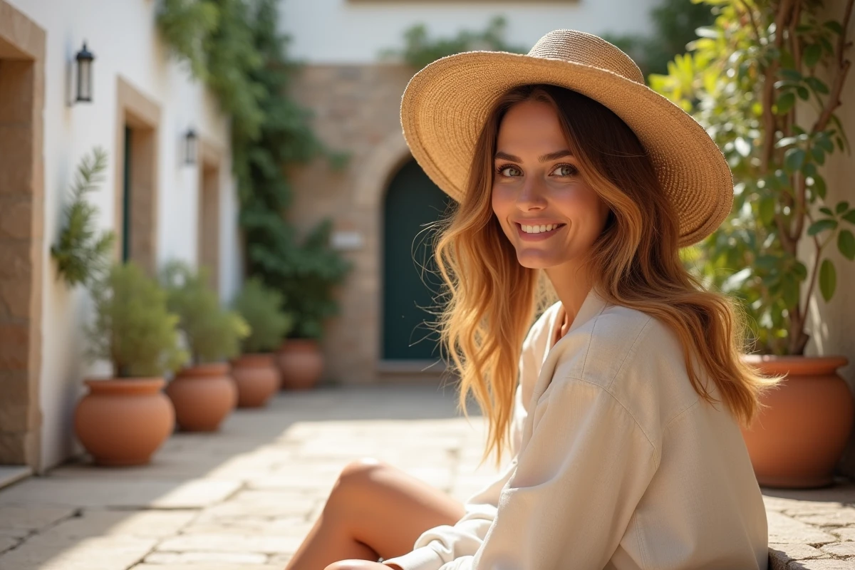 Femme aux cheveux ombré nomad châtain-blond miel portant un chapeau de paille en été dans une cour méditerranéenne