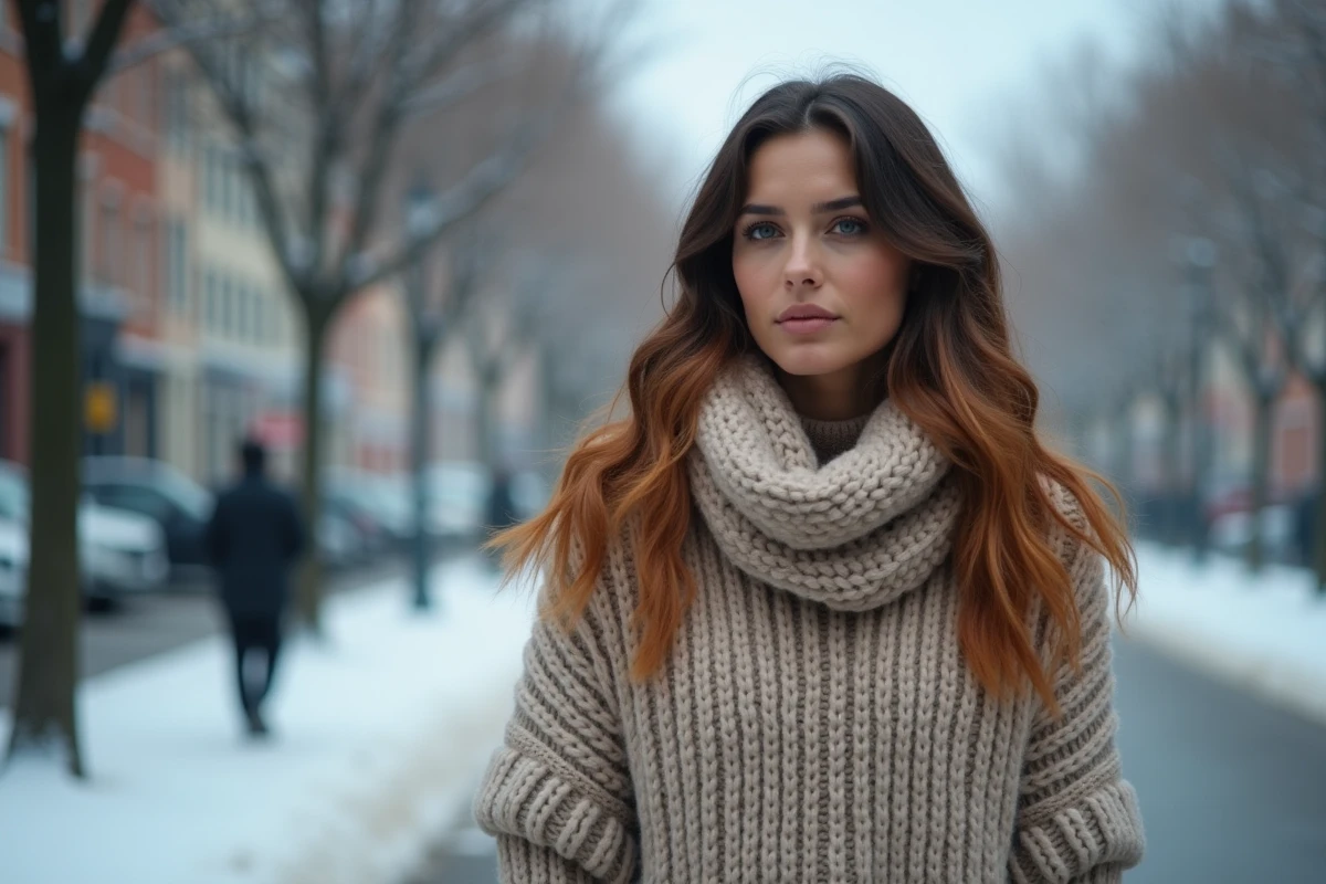 Femme avec ombré nomad châtain-caramel en hiver portant un pull en laine dans une rue urbaine enneigée
