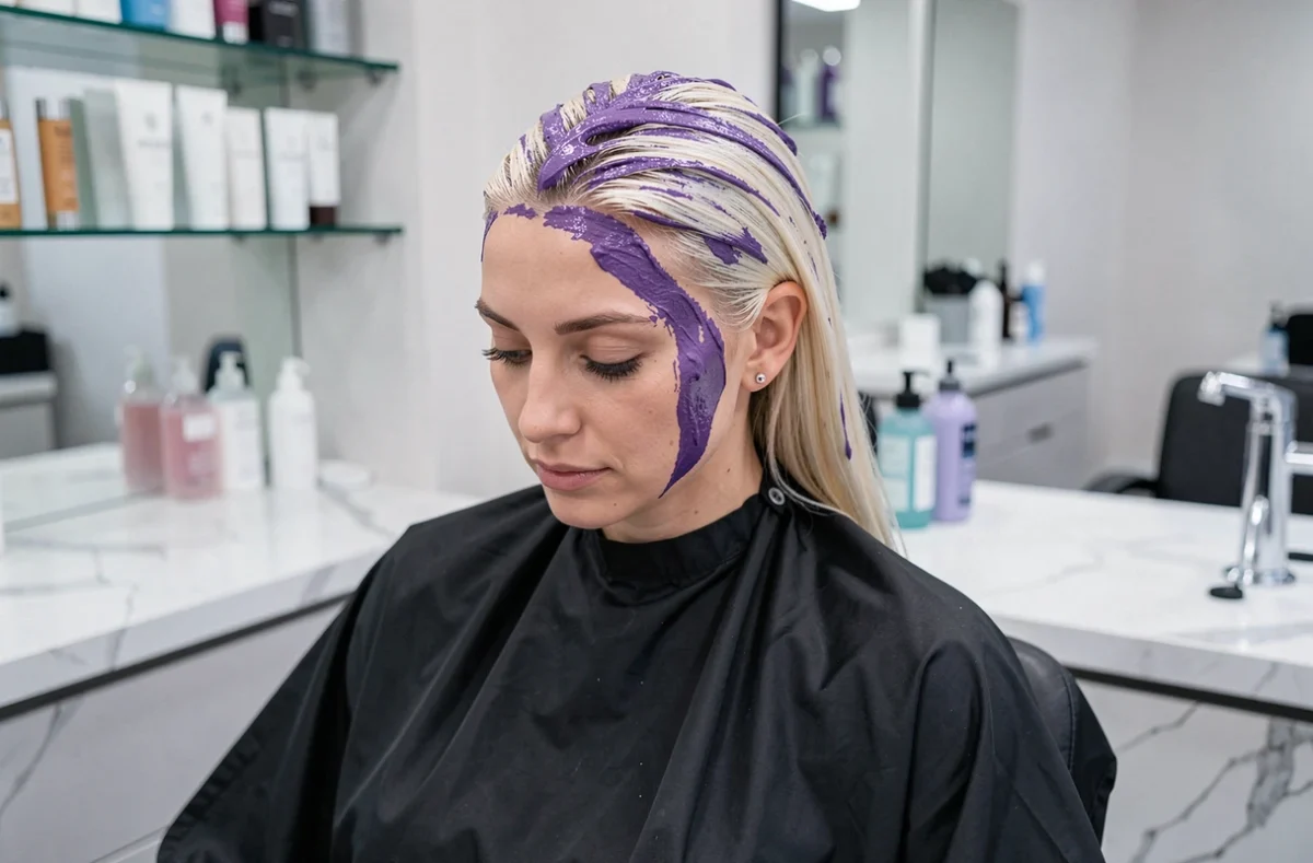 Femme aux cheveux décolorés avec un masque patine violet appliqué en salon de coiffure professionnel