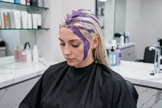 Femme aux cheveux décolorés avec un masque patine violet appliqué en salon de coiffure professionnel