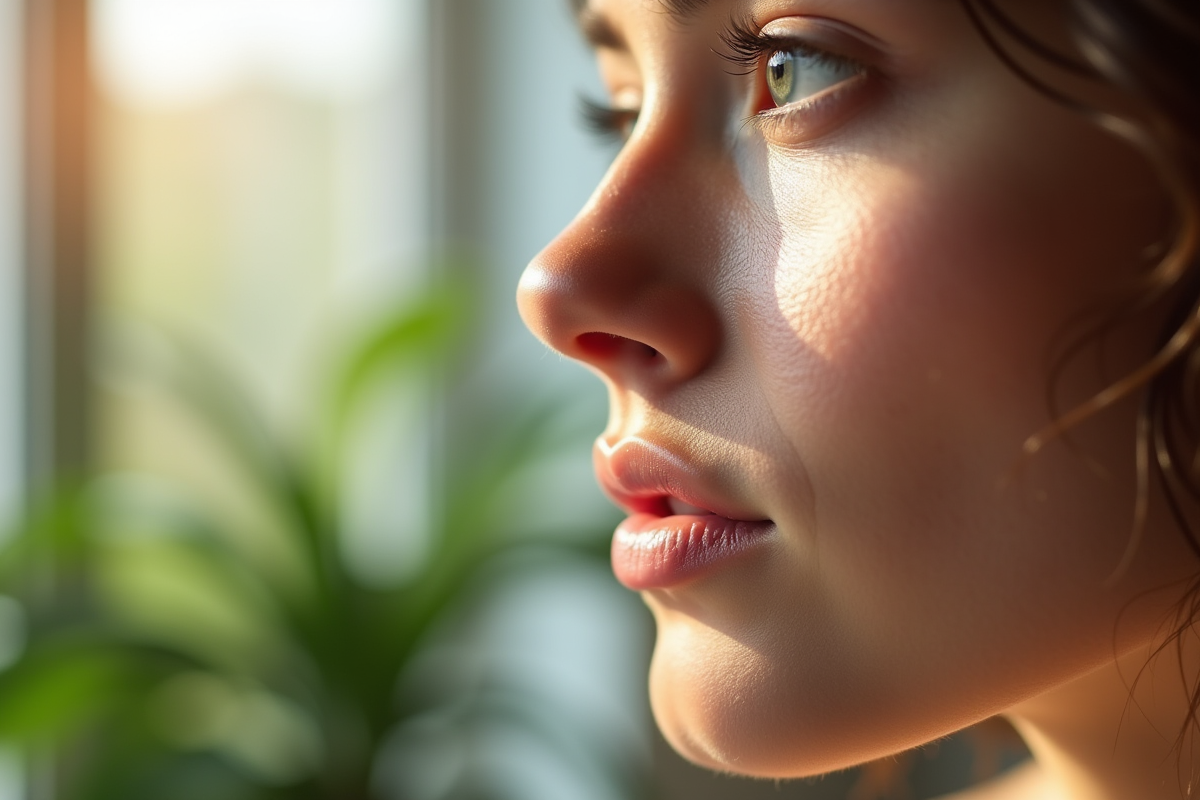Zoom sur une joue saine avec pores visibles et peau naturelle