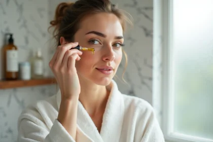 Femme à peau sensible au teint olivâtre appliquant de l'huile d'olive sur son visage dans une salle de bain minimaliste