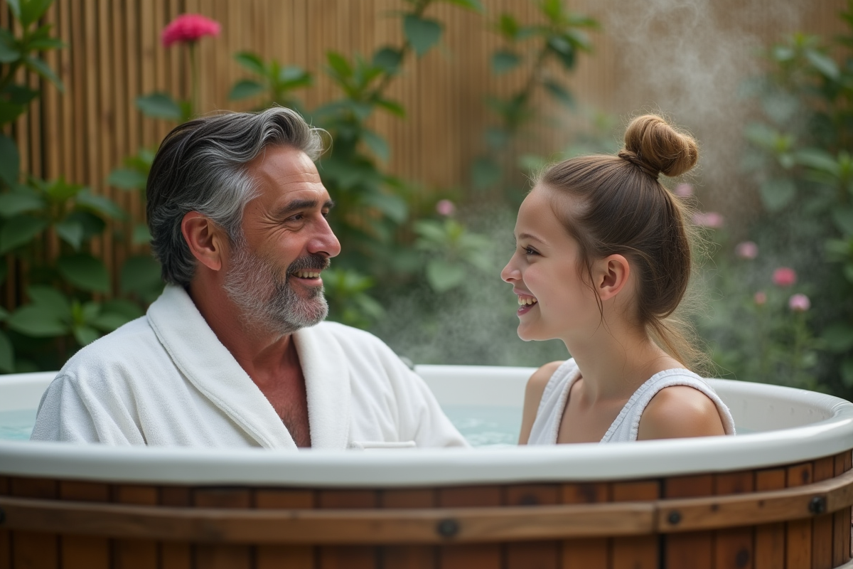 Pere et fille dans un bain extérieur entouré de plantes
