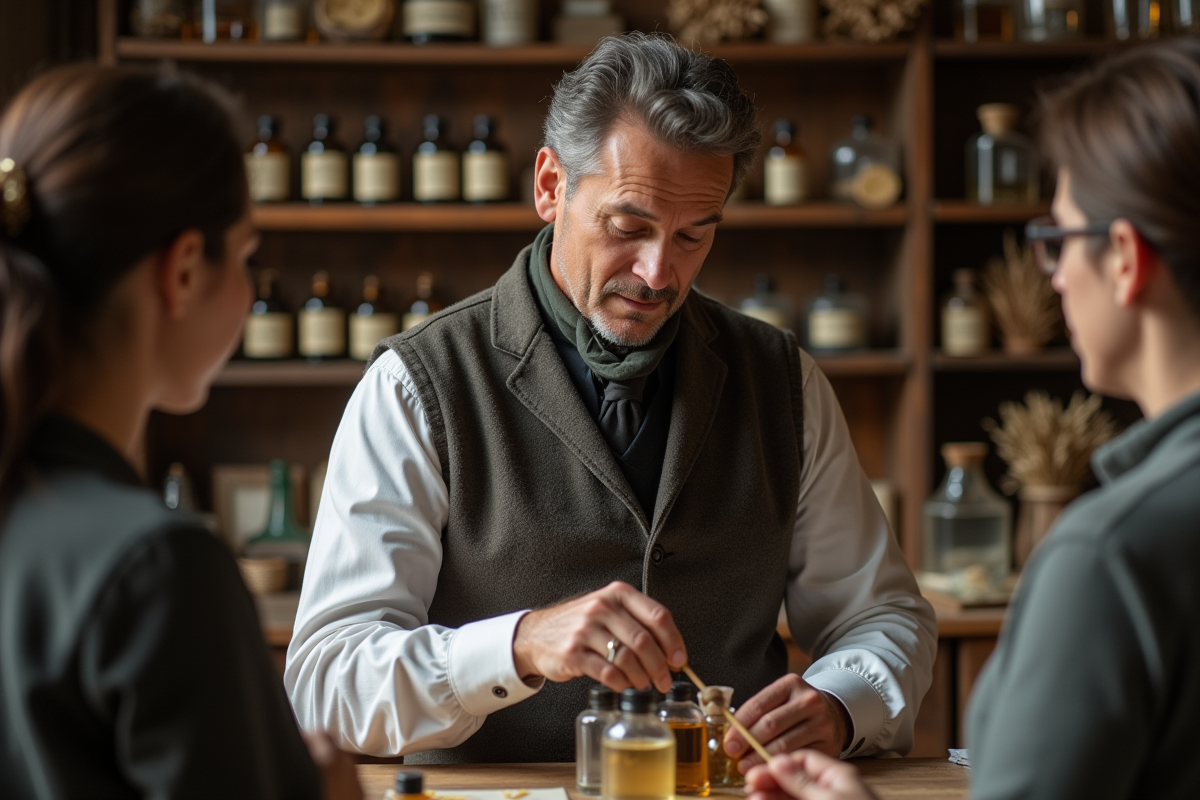 Perfumier expérimenté montrant la fabrication de parfum dans un atelier ancien