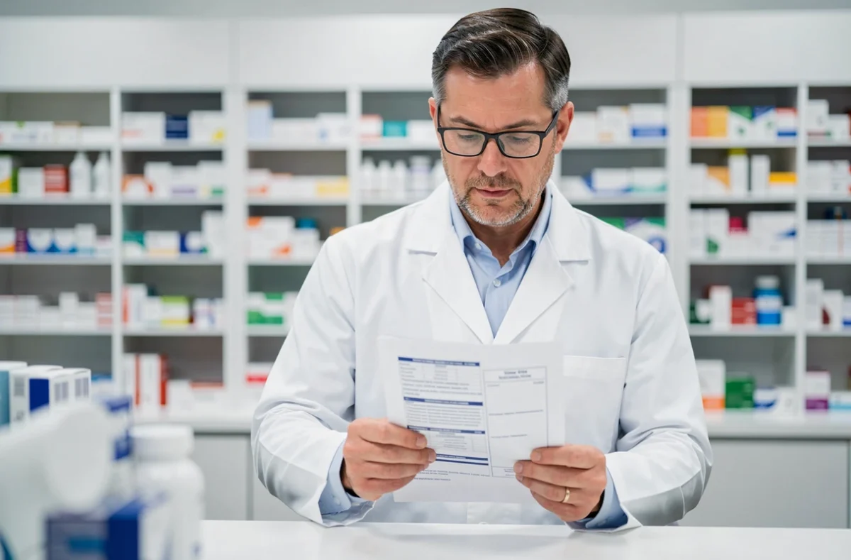 Pharmacien consultant une fiche d'information sur les effets secondaires d'un complément alimentaire