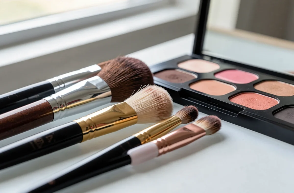 Pinceaux et palette de maquillage posés sur une table d'atelier
