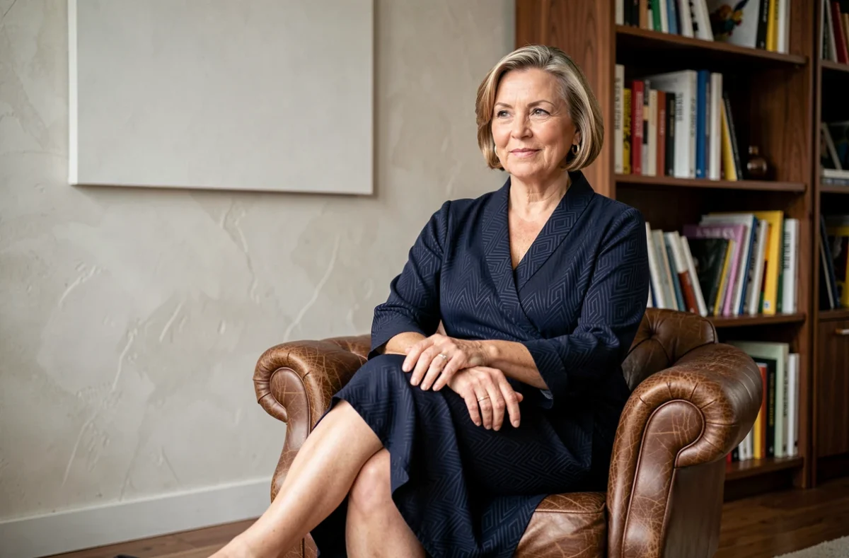 Femme distinguée en robe marine assise dans un intérieur moderne, portrait d'une icône de style et d'élégance