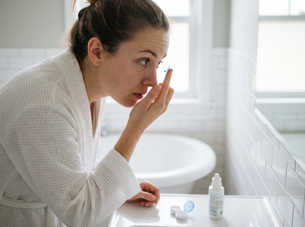 Jeune femme posant une lentille de couleur sur son doigt devant un miroir de salle de bain, avec étui et solution lentilles visibles