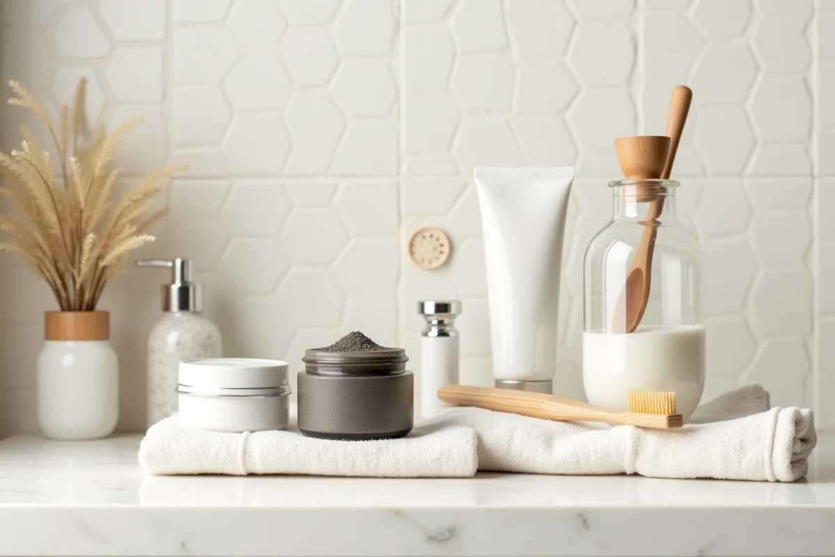 Flat lay de produits naturels pour blanchir les dents disposés sur un tissu en lin blanc, incluant brosse en bambou, dentifrice blanchissant et fil dentaire