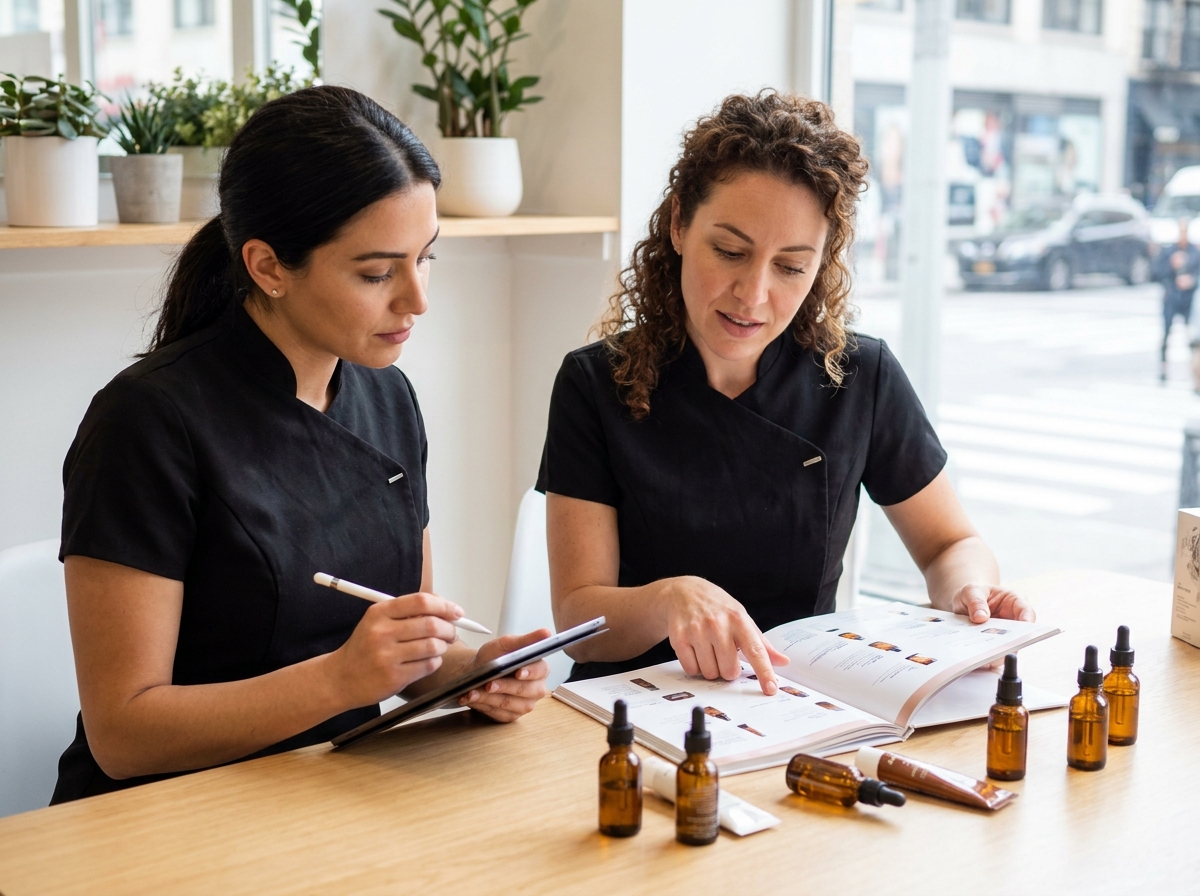 Deux professionnelles de la beauté comparant des produits cosméceutiques d'un catalogue grossiste dans un salon moderne