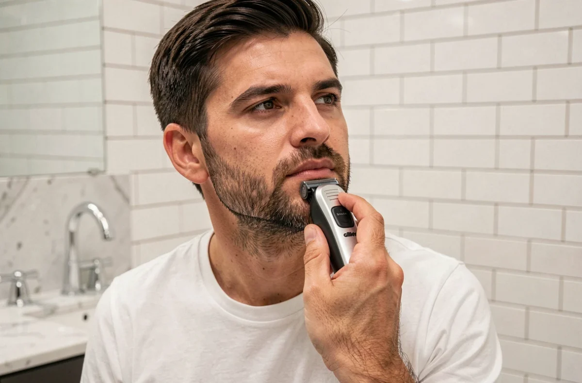 Homme rasant les contours de sa barbe avec un rasoir électrique Gillette devant un miroir de salle de bain moderne