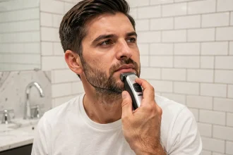 Homme rasant les contours de sa barbe avec un rasoir électrique Gillette devant un miroir de salle de bain moderne