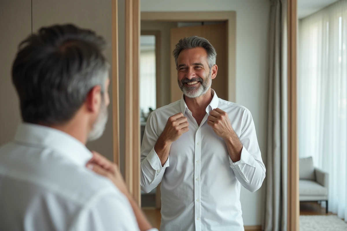 Homme d'une cinquantaine d'années avec une teinture cheveux réussie sans effet casque souriant devant un miroir dans un appartement moderne