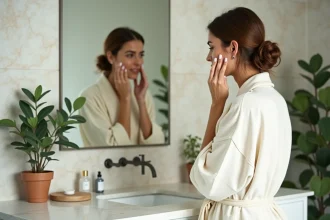 Femme appliquant un sérum naturel Zaturelle sur son visage devant un miroir de salle de bain en marbre