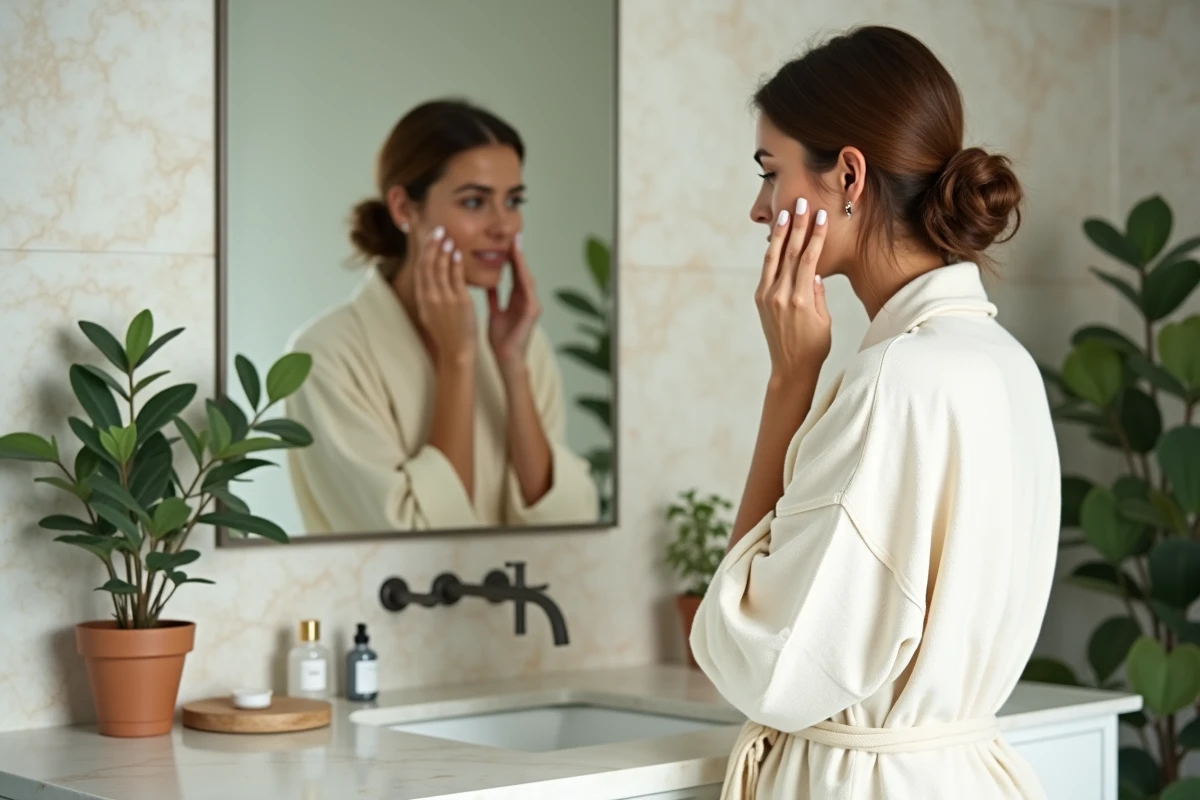 Femme appliquant un sérum naturel Zaturelle sur son visage devant un miroir de salle de bain en marbre
