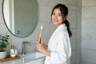 Jeune femme en peignoir blanc se brossant les dents avec une brosse en bambou devant un miroir de salle de bain en marbre