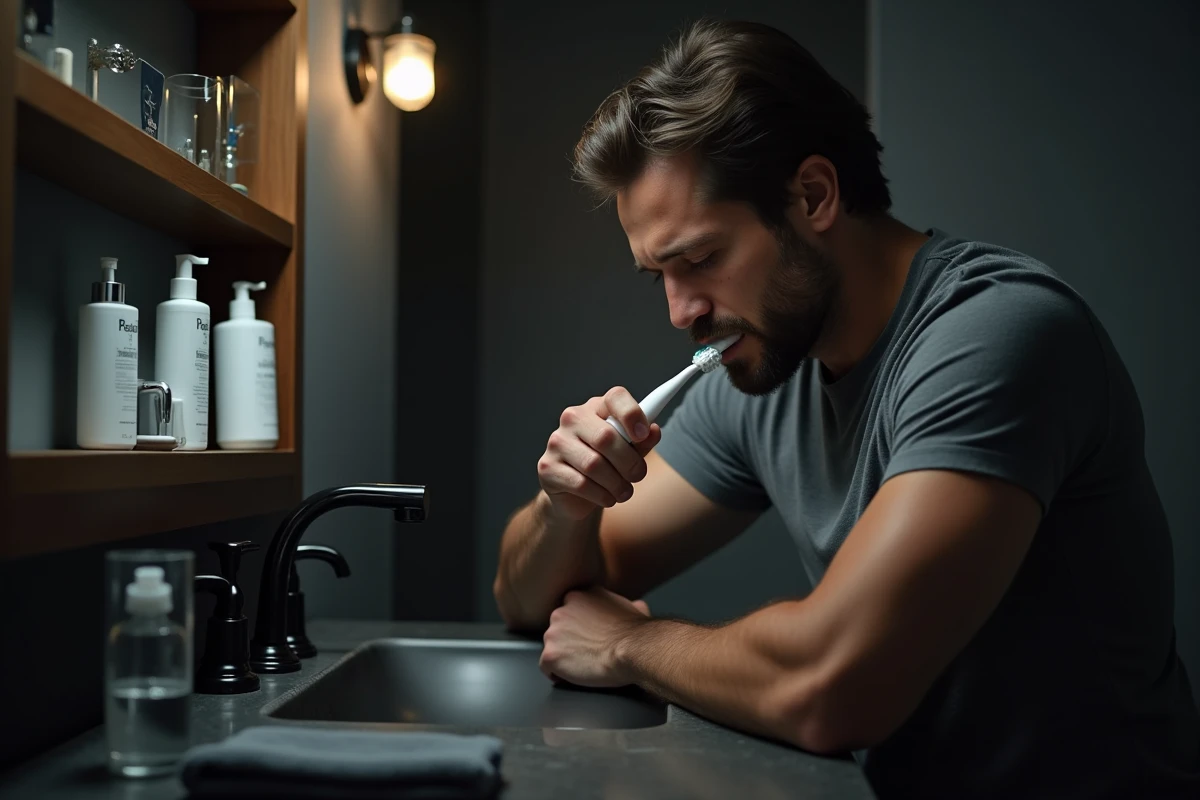 Homme en t-shirt gris utilisant un hydropulseur dentaire lors de sa routine du soir dans une salle de bain moderne