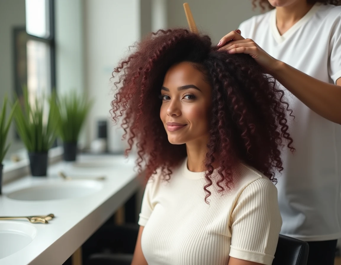 Coiffeuse professionnelle soignant les cheveux bouclés bordeaux colorés d'une cliente en salon avec traitement protecteur