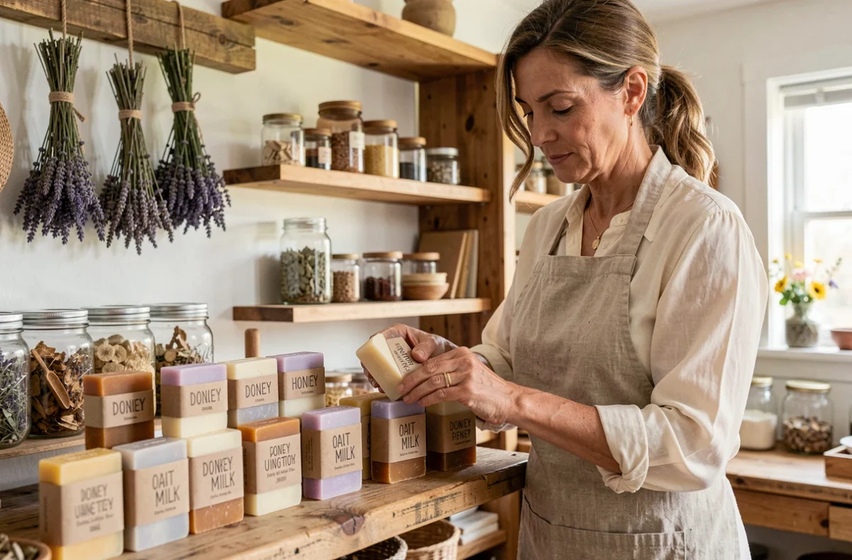 Artisane arrangeant des savons au lait d'ânesse faits main sur une étagère en bois dans un atelier artisanal