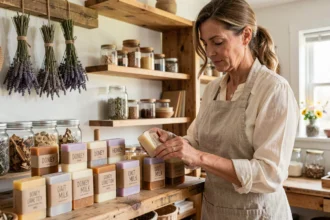 Artisane arrangeant des savons au lait d'ânesse faits main sur une étagère en bois dans un atelier artisanal