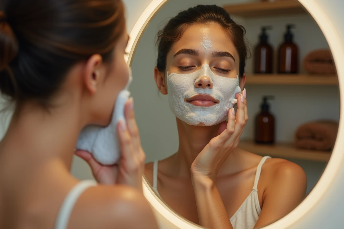 Femme appliquant la mousse du savon Nila bleu sur son visage devant un miroir de salle de bain en bois