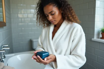 Femme tenant un savon Nila bleu au-dessus d'un lavabo en céramique blanche dans une salle de bain minimaliste