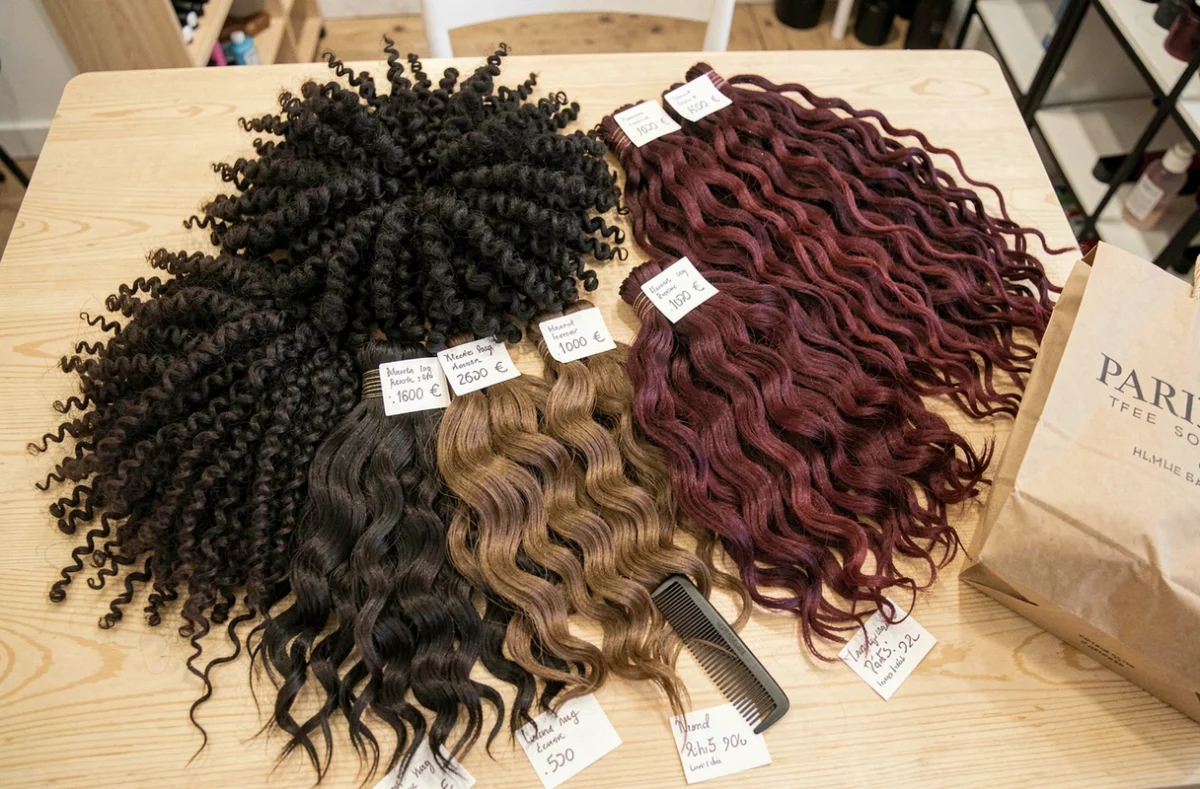 Différentes textures de mèches afro disposées sur une table dans un magasin capillaire parisien