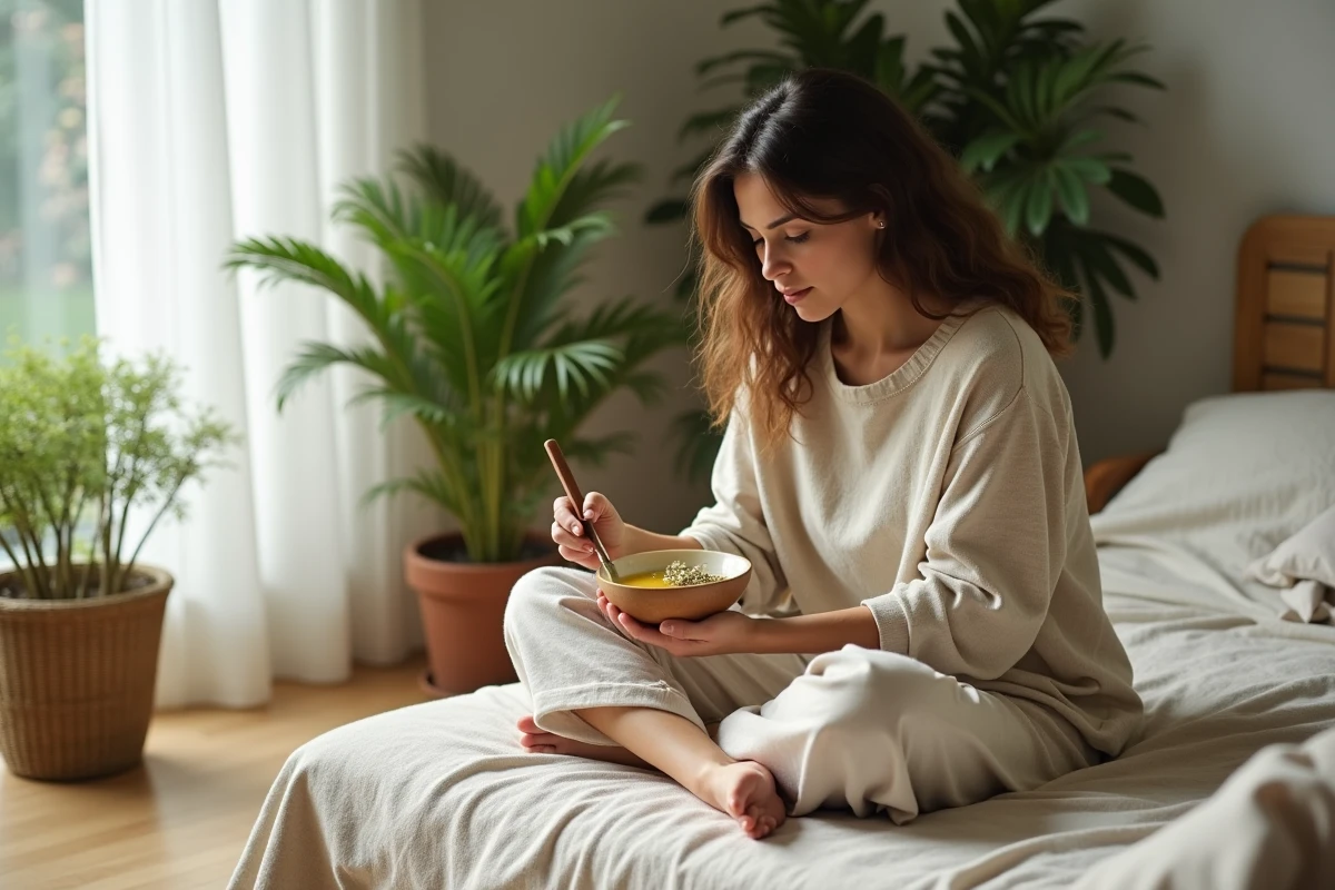 Jeune femme à peau olivâtre sensible préparant un soin naturel à l'huile d'olive et à la camomille dans un espace cosy