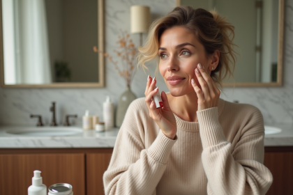 Femme appliquant un serum visage dans une salle de bain moderne