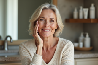 Femme souriante appliquant une creme sur le visage