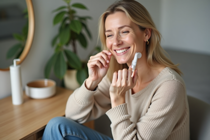 Femme souriante appliquant une creme visage naturelle