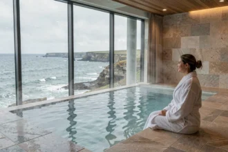 Femme en peignoir blanc dans un espace spa thalassothérapie en Bretagne avec vue panoramique sur la côte atlantique