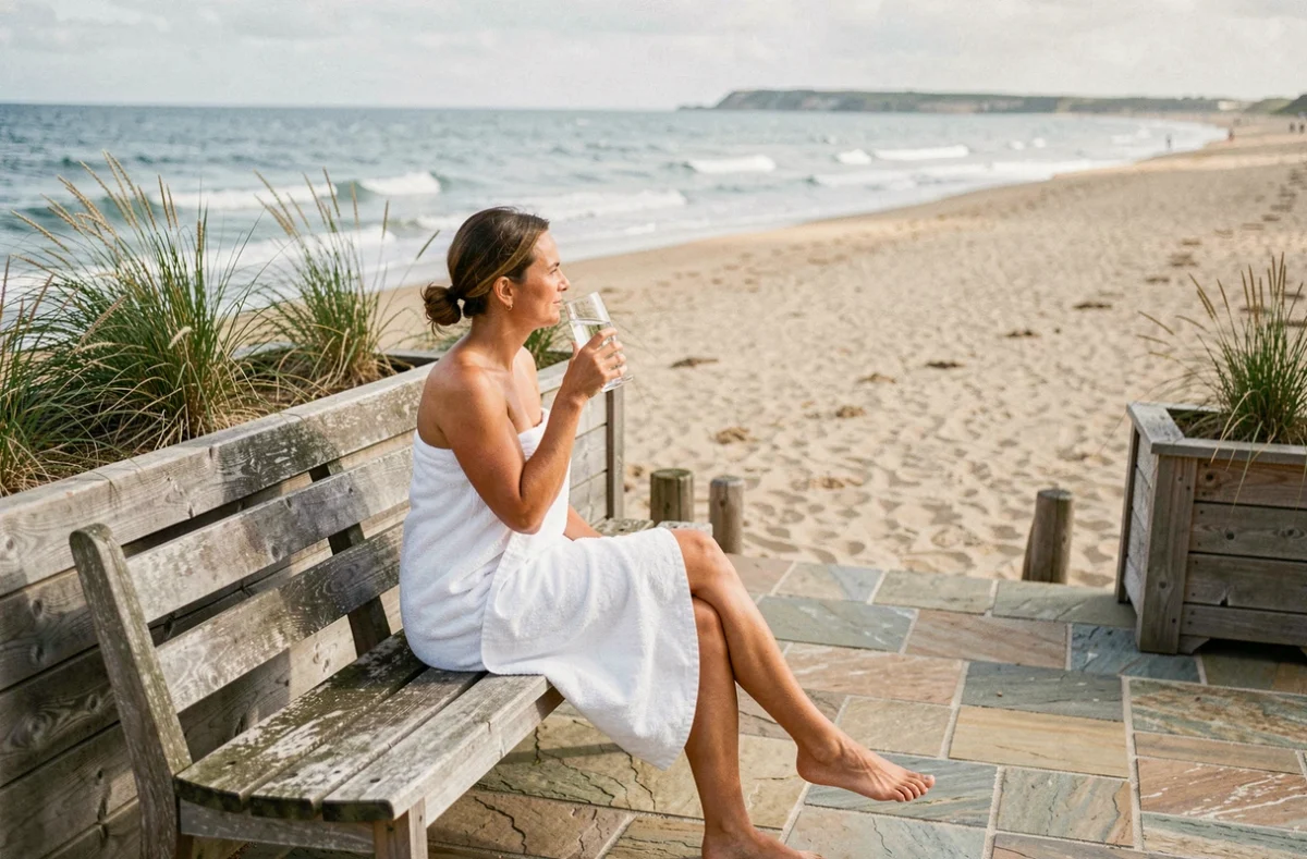 Femme enveloppée d'un drap de bain sur la terrasse du Spa Marin du Val André Thalasso Resort avec vue sur la plage des Côtes-d'Armor