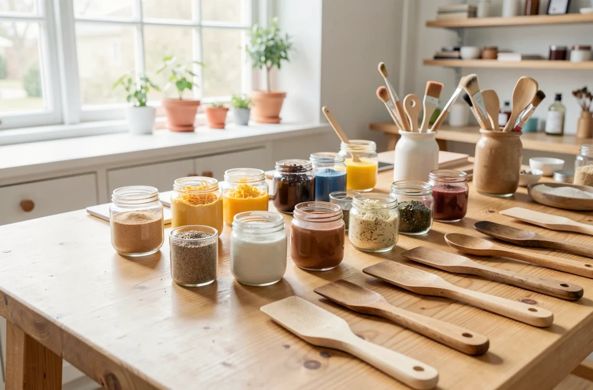 Table d'atelier beauté avec pots, spatules et ingrédients naturels