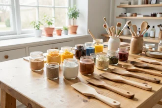 Table d'atelier beauté avec pots, spatules et ingrédients naturels