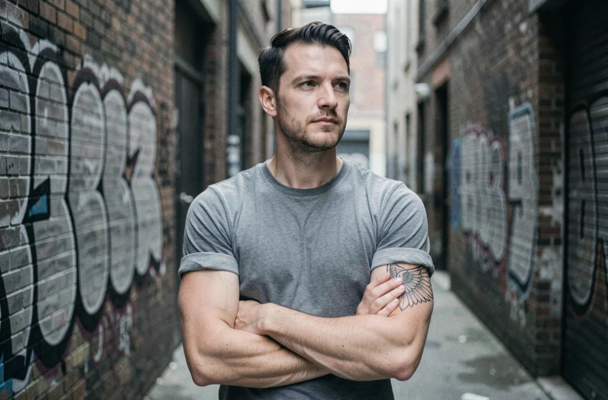 Homme au bras tatoué avec des ailes d'ange géométriques, posant dans une ruelle urbaine aux murs en briques