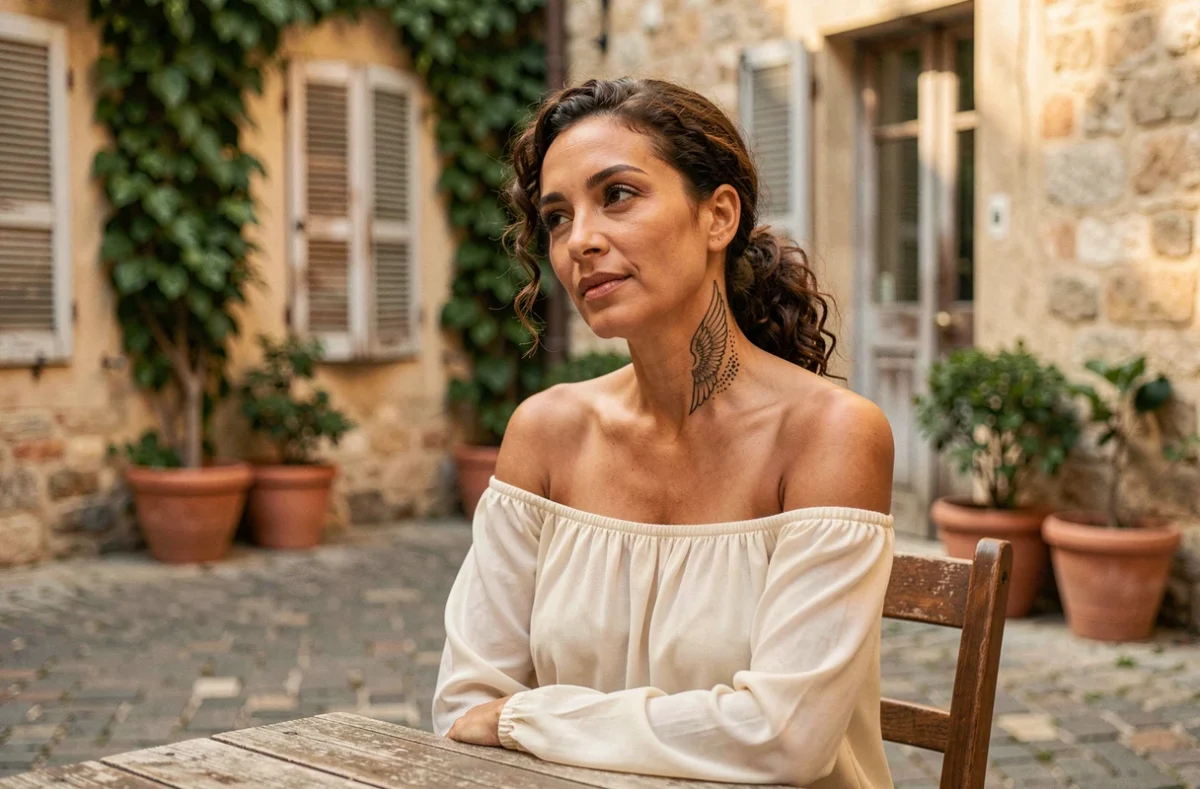 Femme avec un tatouage ailes d'ange en dotwork sur le cou, assise dans une cour intérieure européenne pittoresque