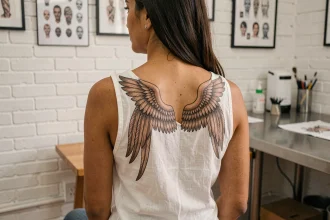 Tatouage ailes d'ange dans le dos d'une jeune femme, vue de dos dans un studio de tatouage minimaliste