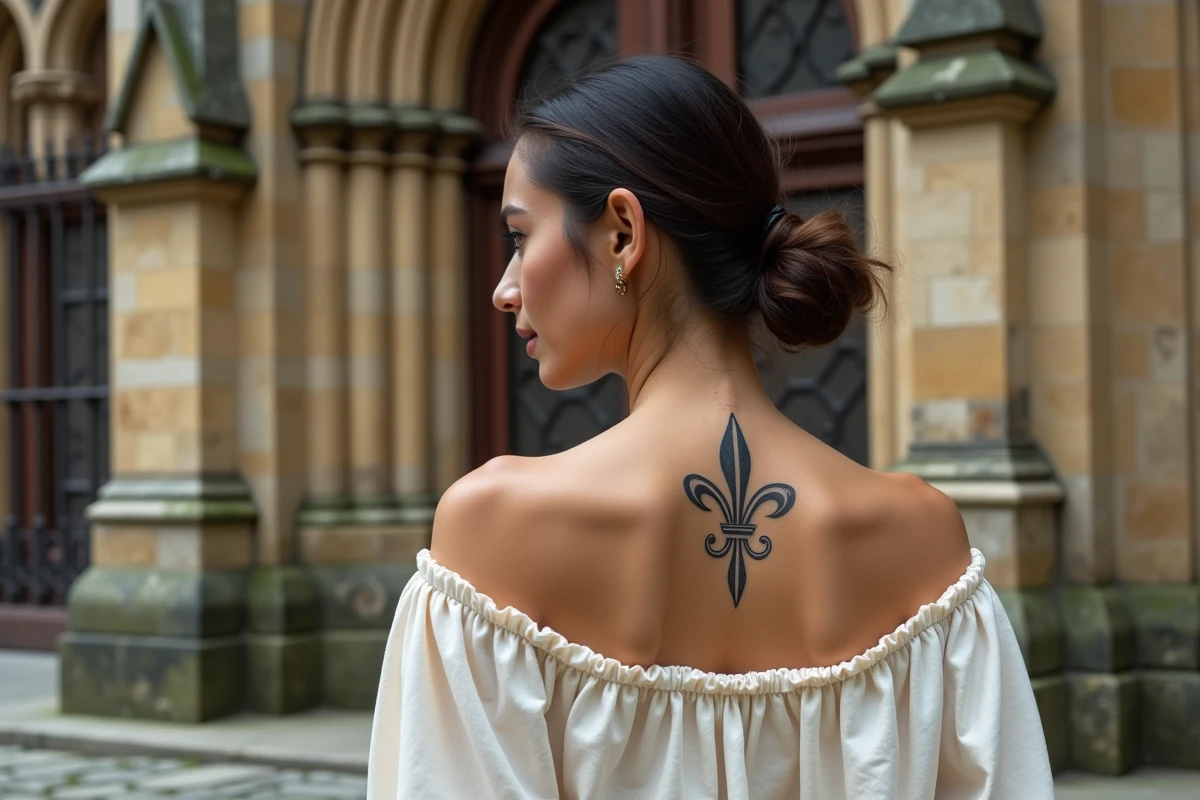 Femme avec un tatouage fleur de lys sur la nuque devant une façade de cathédrale gothique en pierre