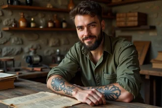 Homme avec un tatouage fleur de lys sur l'avant-bras dans un atelier artisanal avec des livres héraldiques anciens