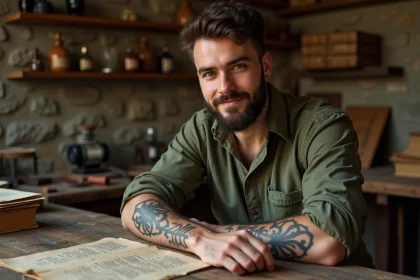 Homme avec un tatouage fleur de lys sur l'avant-bras dans un atelier artisanal avec des livres héraldiques anciens