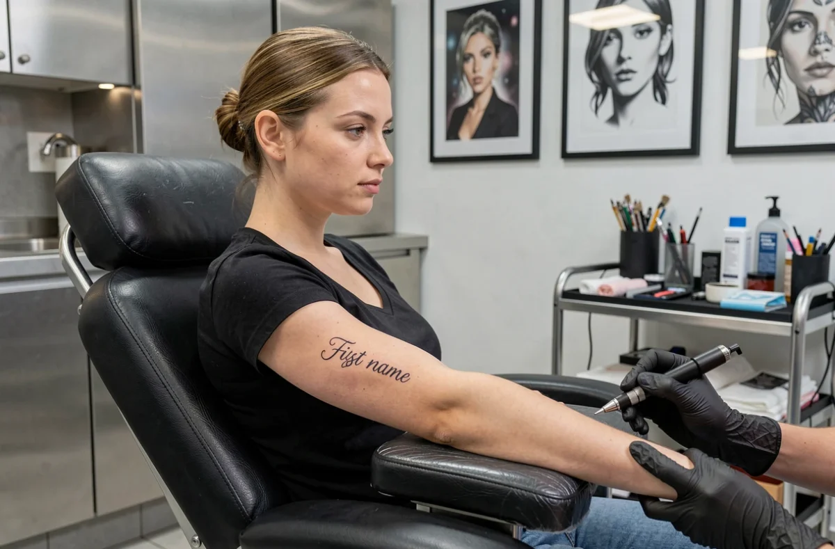 Jeune femme recevant un tatouage prénom en fine écriture sur l'avant-bras dans un salon de tatouage professionnel