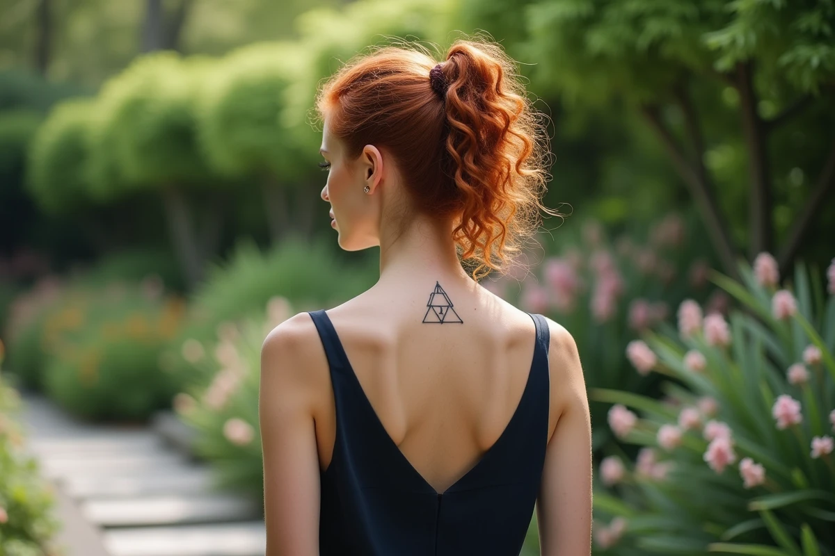 Tatouage minimaliste de trois triangles en fine ligne noire dans le dos d'une femme dans un jardin botanique