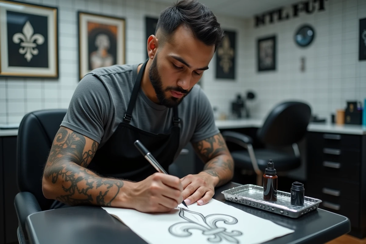 Tatoueur professionnel dessinant un motif fleur de lys sur papier dans un studio de tatouage moderne