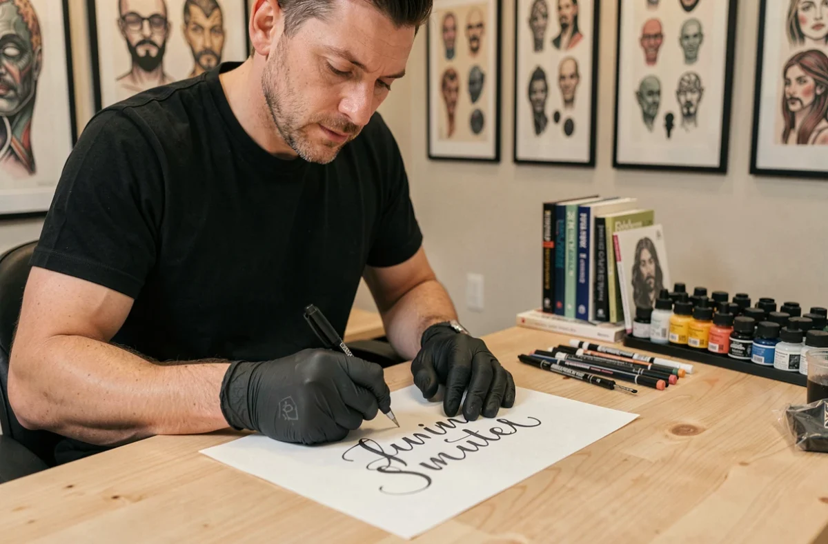 Tatoueur professionnel dessinant un tatouage prénom en écriture cursive sur papier dans son studio