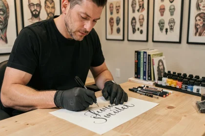 Tatoueur professionnel dessinant un tatouage prénom en écriture cursive sur papier dans son studio